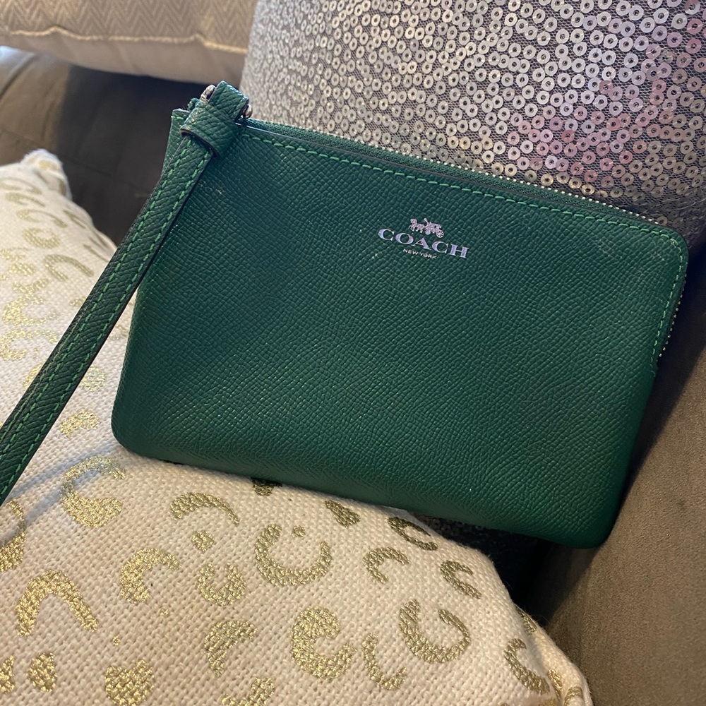 Coach green leather wristlet